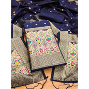 Women's Banarasi Silk Printed Unstitched Salwar Suit Material With Dupatta (Navy Blue, 3Mtrs)