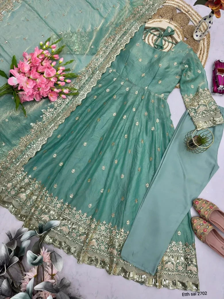 Designer Fendy Silk Embroidery Party Wear Gown Set