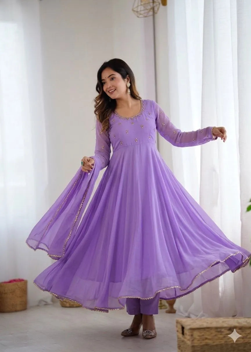 Premium Georgette Minnale Anarkali Set With Bottom & Dupatta