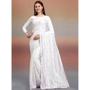Women's Net Self Design Saree With Unstitched Blouse 5.5Mtr (White)