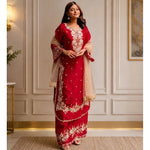 Women's Silk Embroidered 3/4th Sleeve Round Readymade Kurti With Palazzo Pant and Dupatta Set (Red)