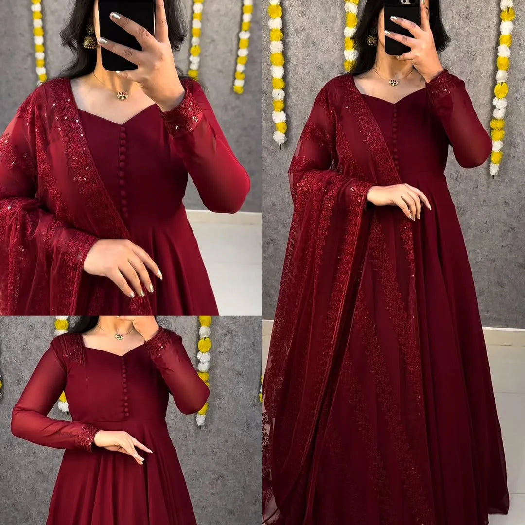 Premium Faux Georgette Gown With Embroidery Dupatta