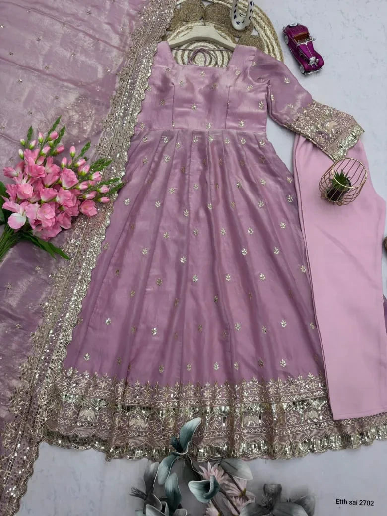 Designer Fendy Silk Embroidery Party Wear Gown Set
