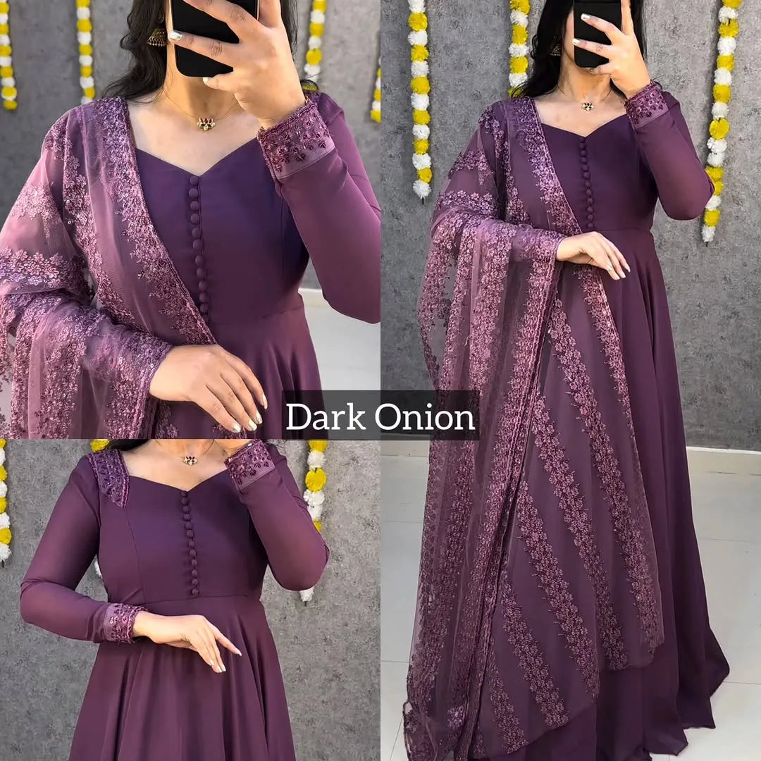 Premium Faux Georgette Gown With Embroidery Dupatta