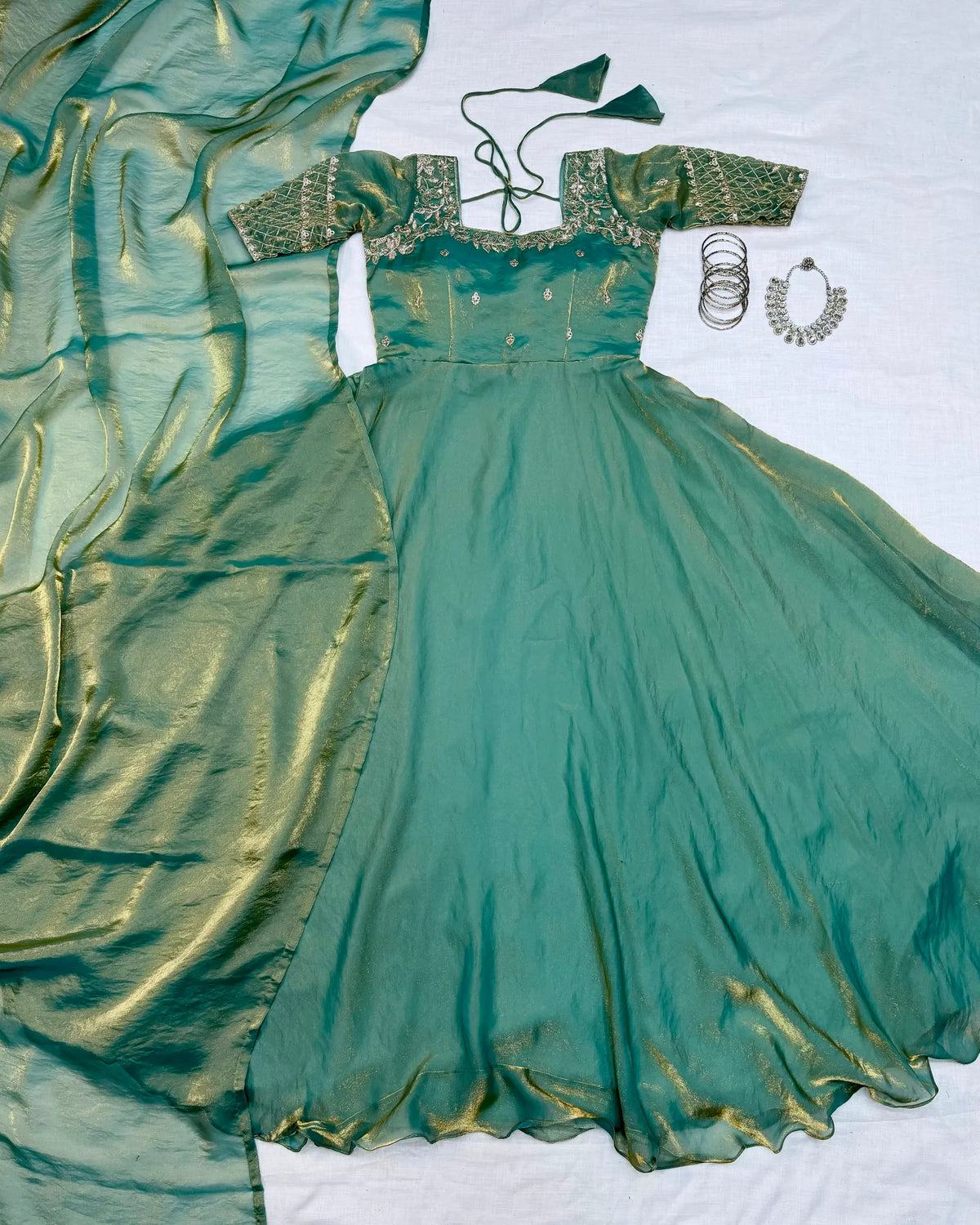Luxurious Premium Fendy Satin Embroidery Work Gown With Dupatta