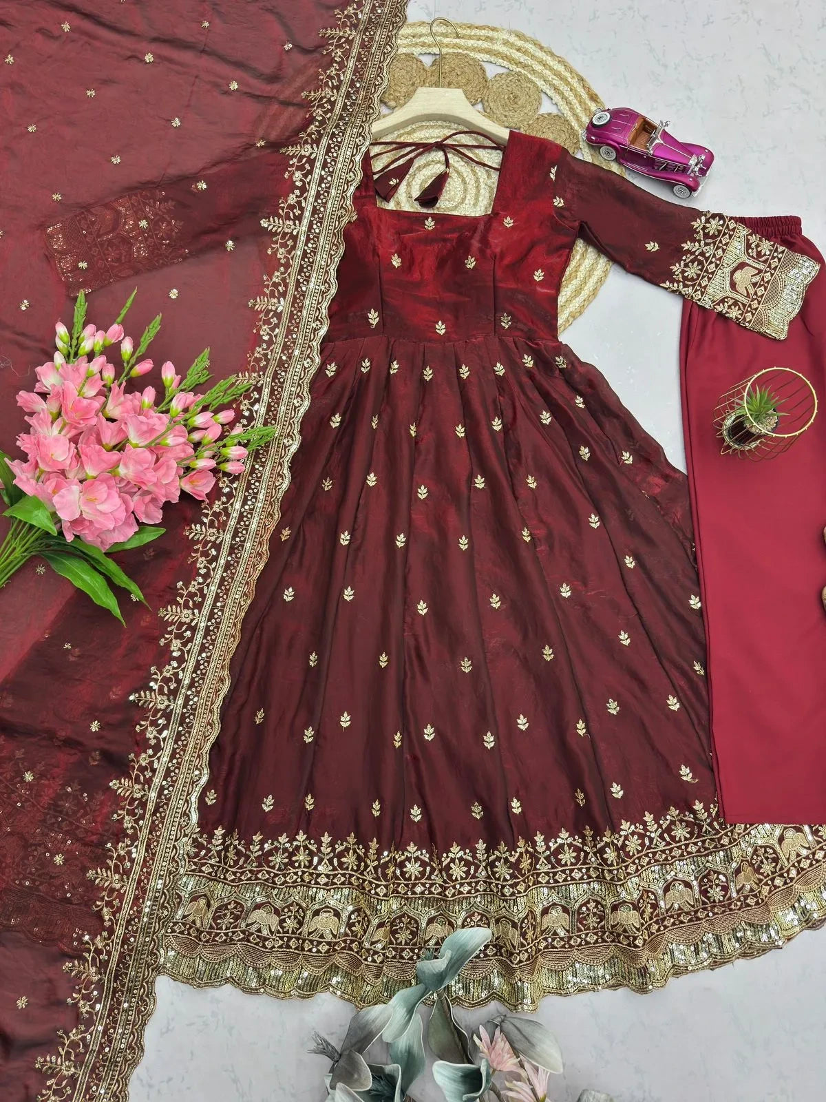 Designer Fendy Silk Embroidery Party Wear Gown Set
