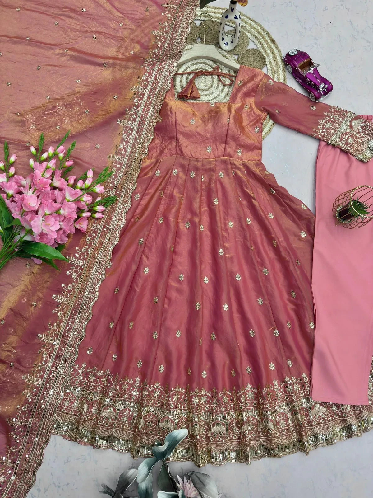 Designer Fendy Silk Embroidery Party Wear Gown Set