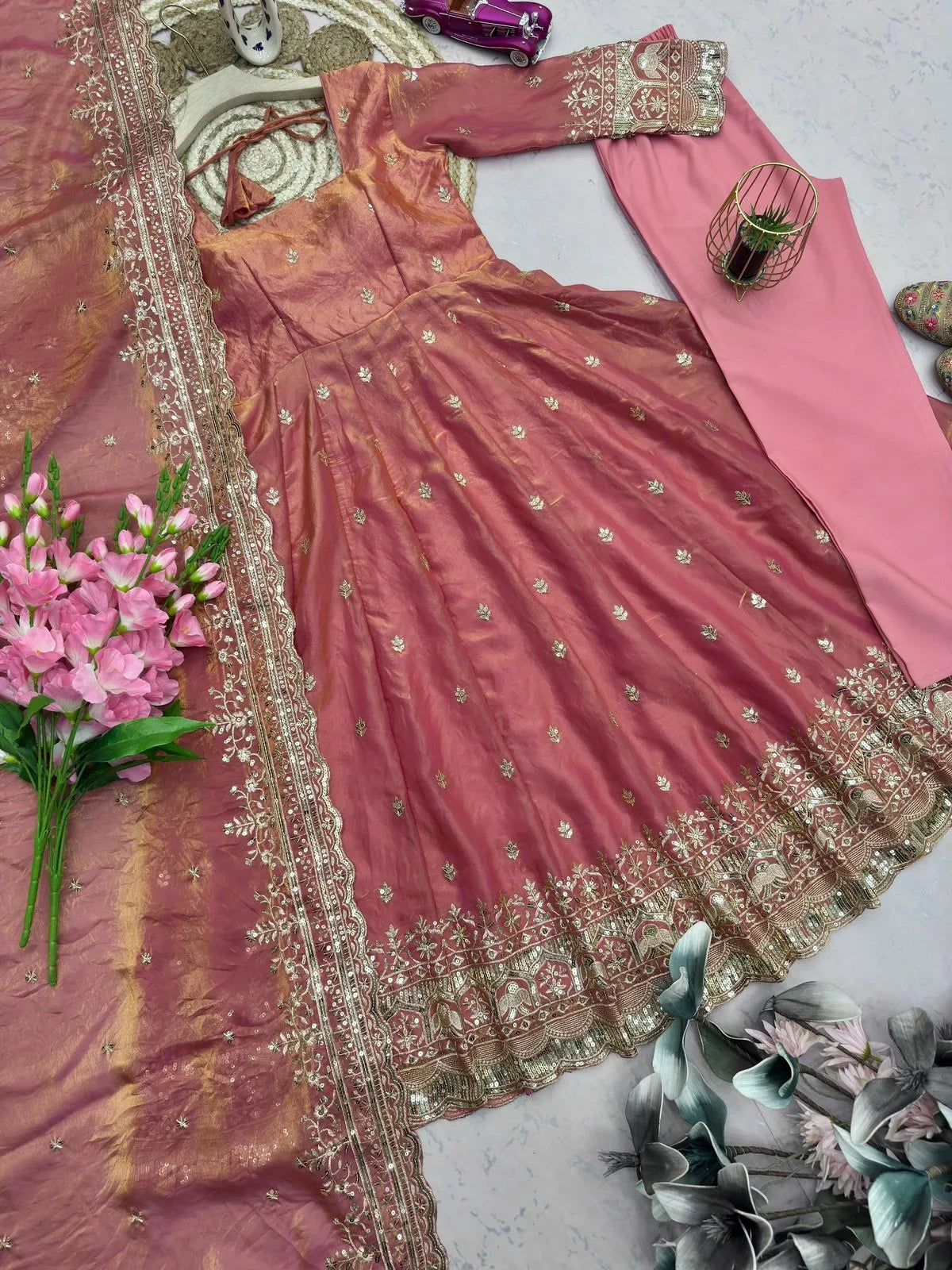 Designer Fendy Silk Embroidery Party Wear Gown Set