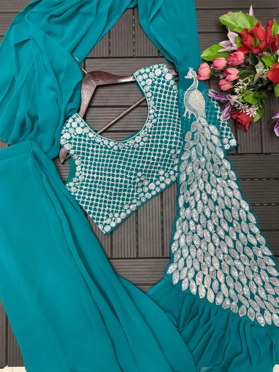 Trending Embroidery Sequence work Ready to Wear Saree Set with Embroidery Blouse