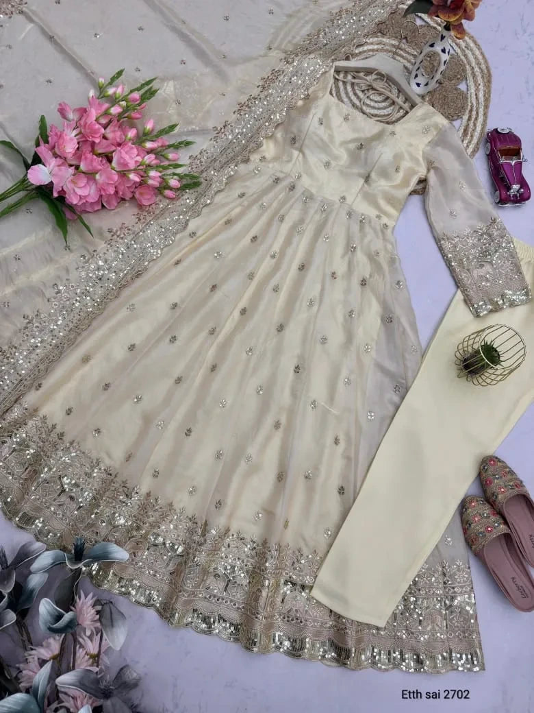 Designer Fendy Silk Embroidery Party Wear Gown Set
