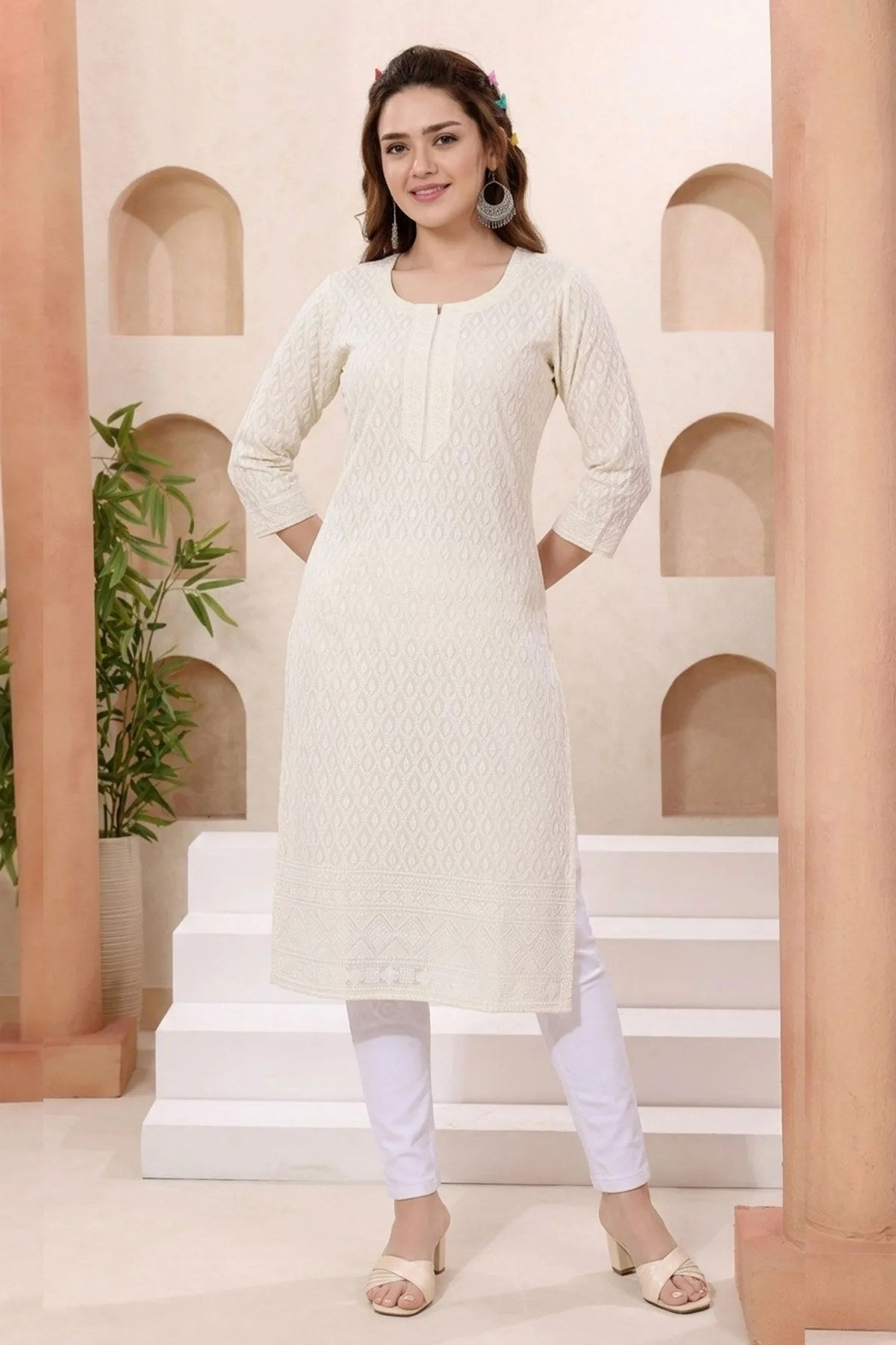 Cream Rayon Chikankari Straight Long Kurta for Women