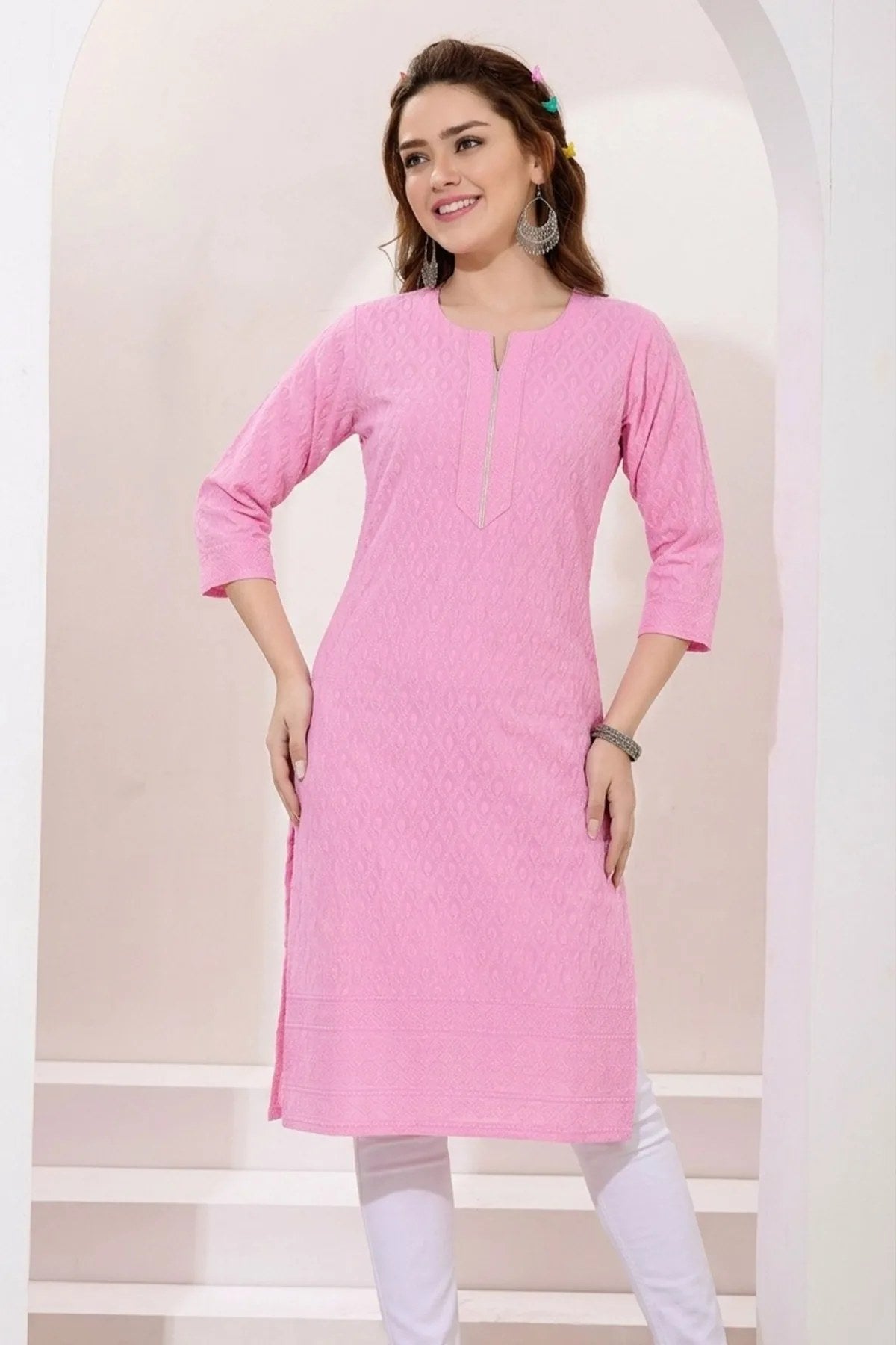 Rosy Pink Rayon Chikankari Long Kurta for Women