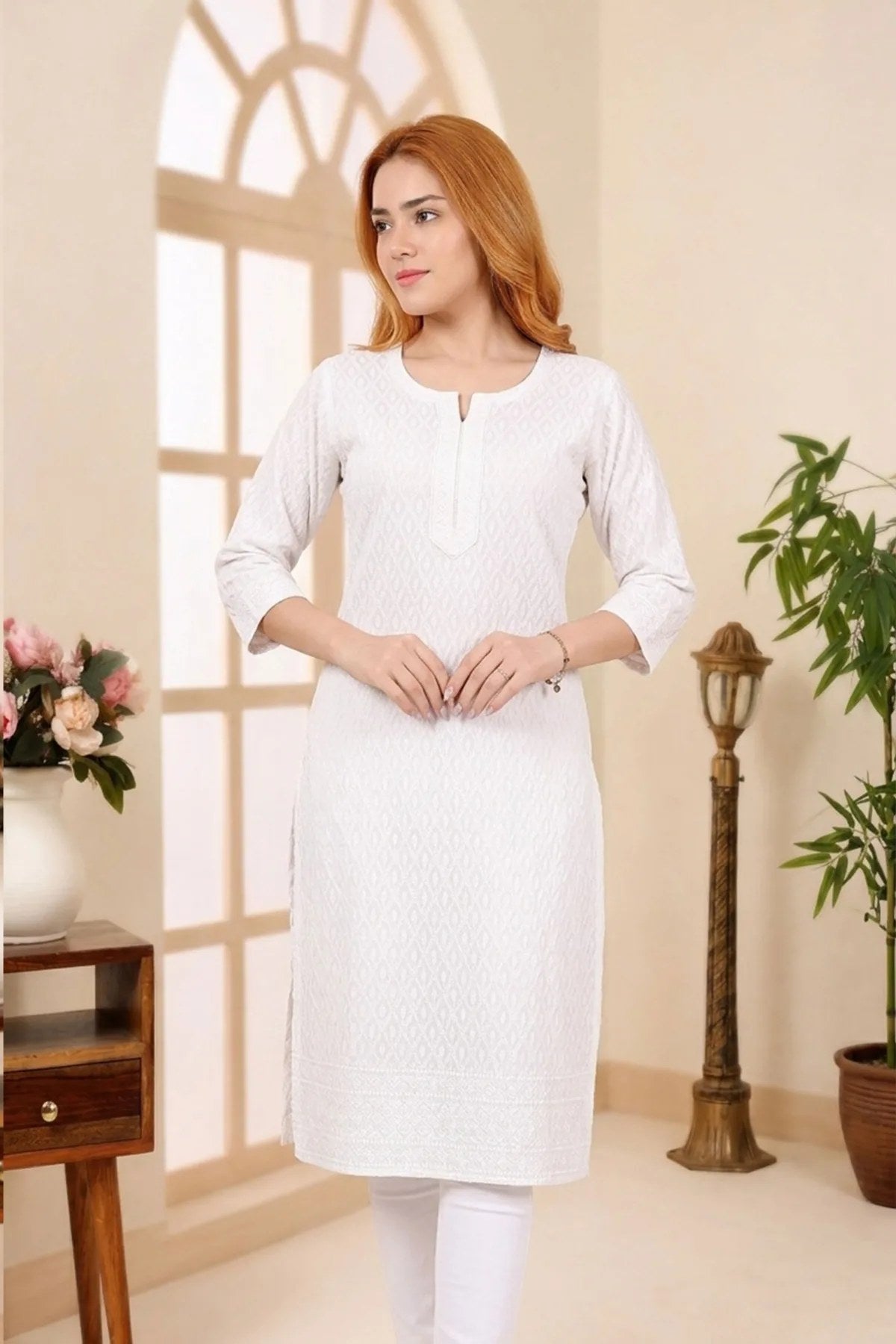 Pure White Rayon Chikankari Straight Long Kurta for Women