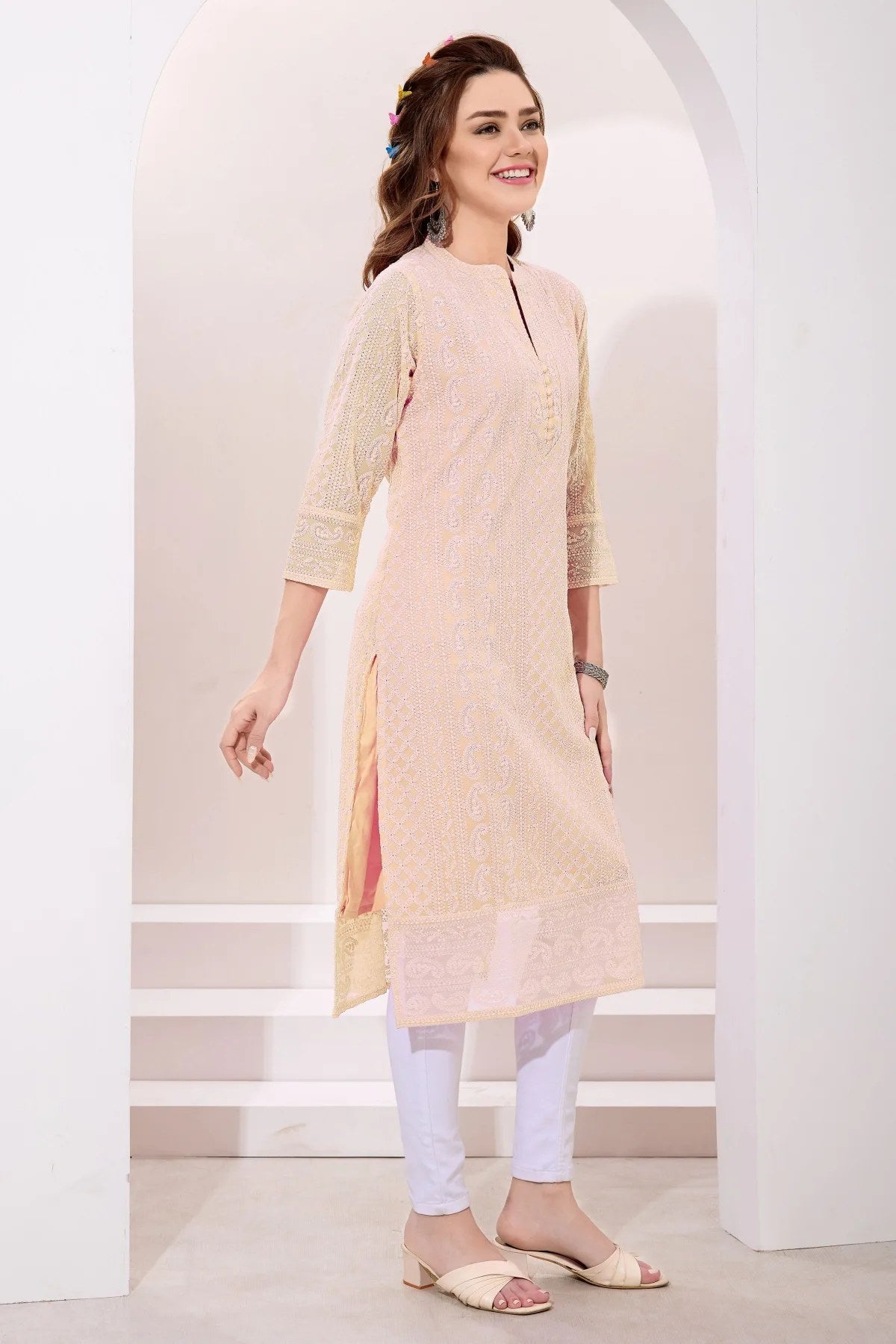 Beige Fine Georgette Chicken Embroidery Long Kurta