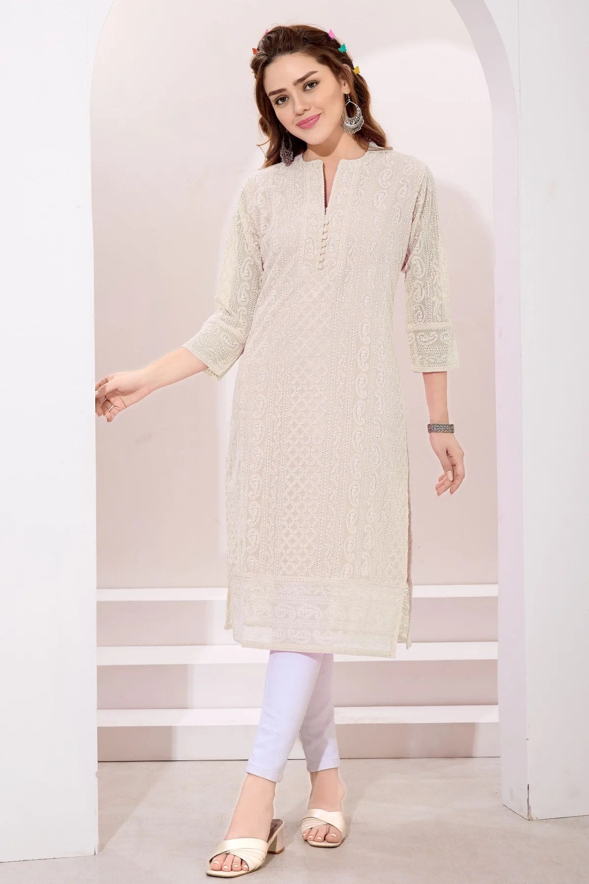 Cream Fine Georgette Kurta with Chicken Embroidery