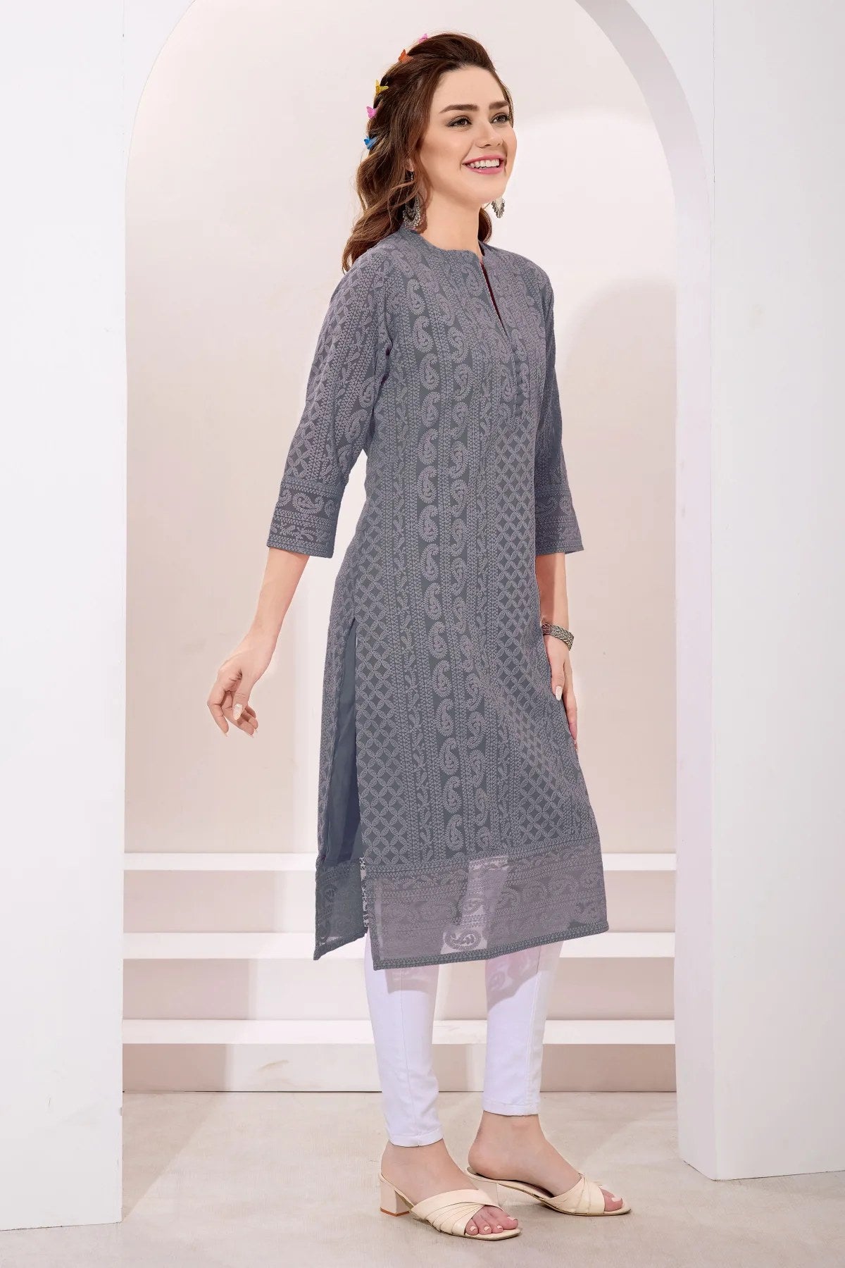 Gray Fine Georgette Kurta with Chicken Embroidery