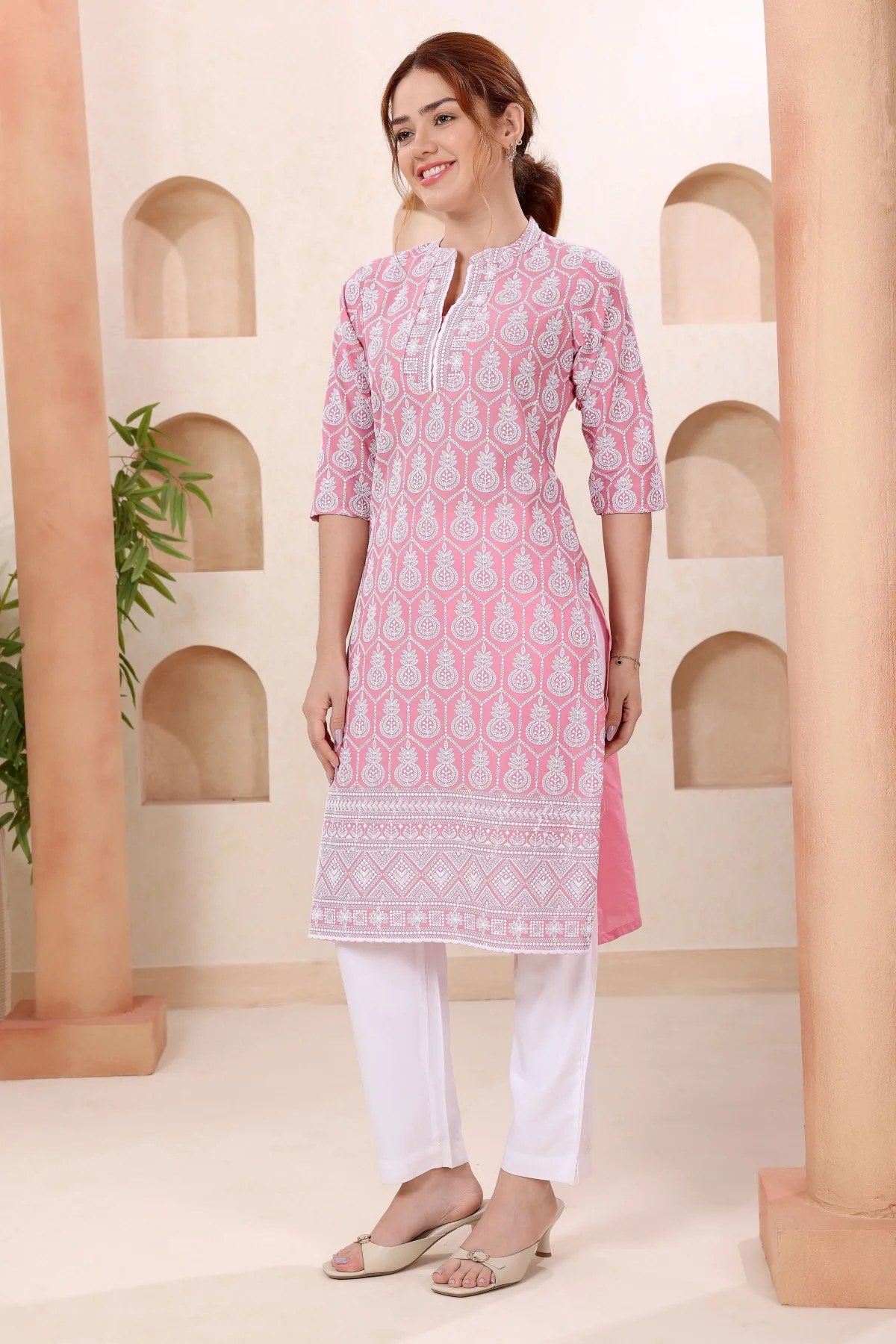 Dark Pink Pure Cotton Chikankari Long Kurti