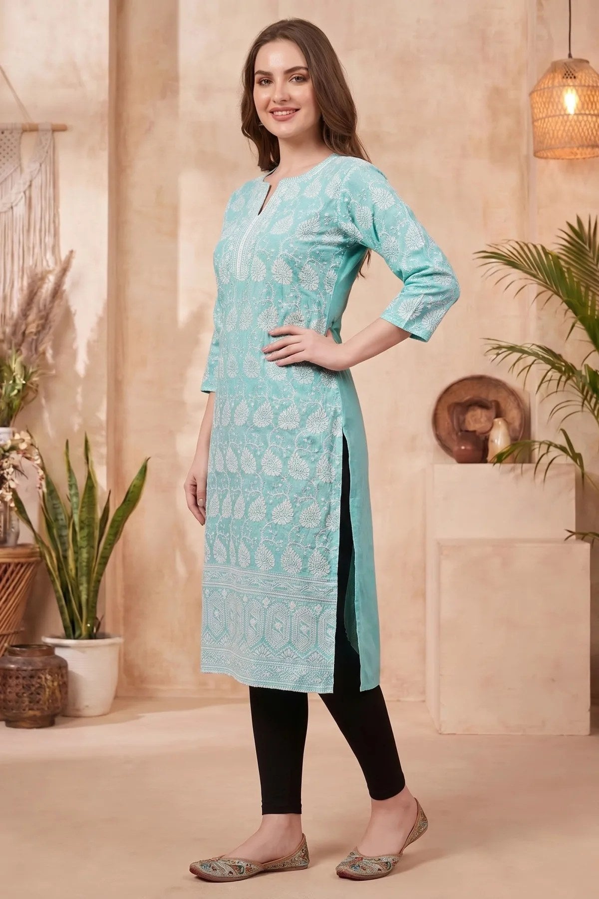 Phirozi Cotton Long Kurti with Chikankari Embroidery
