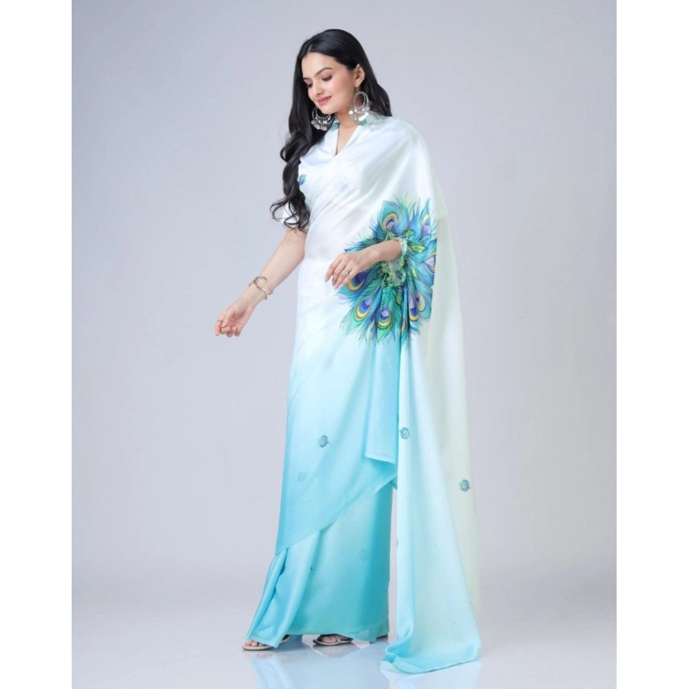 Women's Soft Crepe Silk Printed Ready To Wear Saree With Unstitched Blouse 5.5Mtr (Sky Blue)