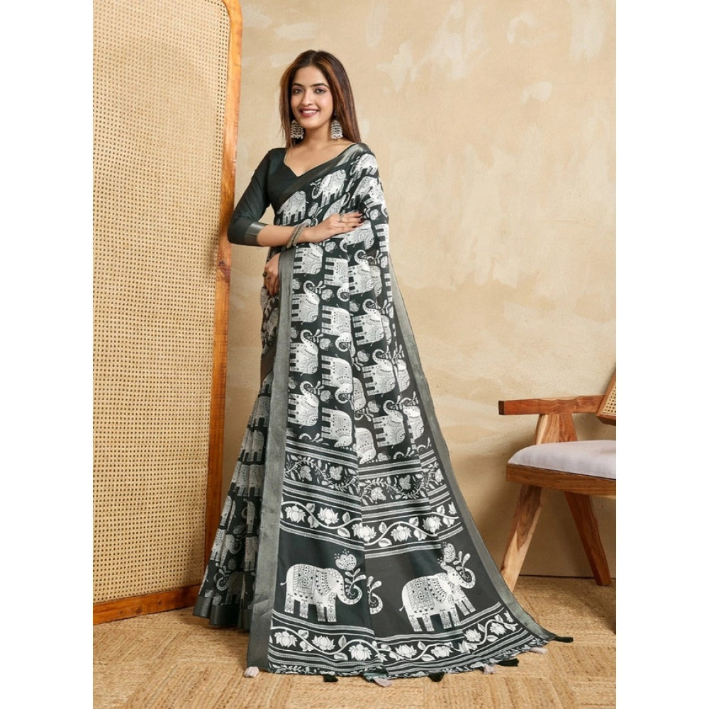 Women's Silk Blend Printed Saree With Unstitched Blouse 5.5Mtr (Green)