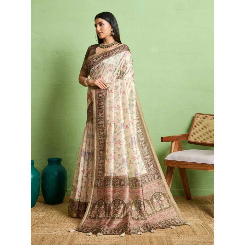 Women's Silk Blend Printed Saree With Unstitched Blouse 5.5Mtr (Cream)