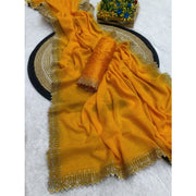 Women's Georgette Stone Work Saree With Unstitched Blouse 5.5Mtr (Yellow)