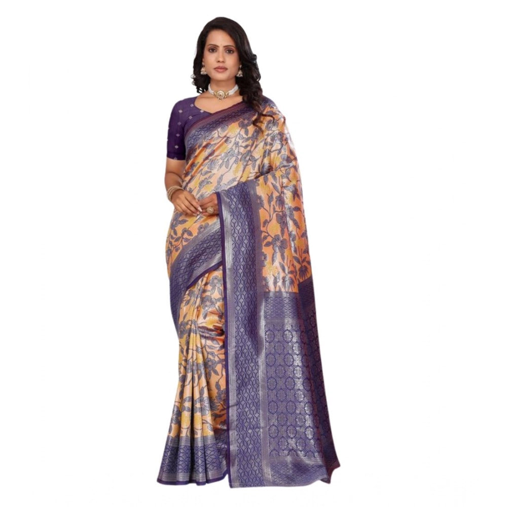 Women's Banarasi Silk Jaquard Woven Saree With Unstitched Blouse 5.5Mtr (Orange)