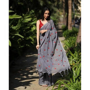 Women's Linen Printed Saree With Unstitched Blouse 5.5Mtr (Grey)