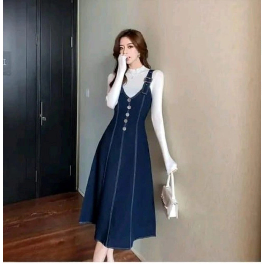 Women's Casual Denim Sleeveless Dress (Blue)