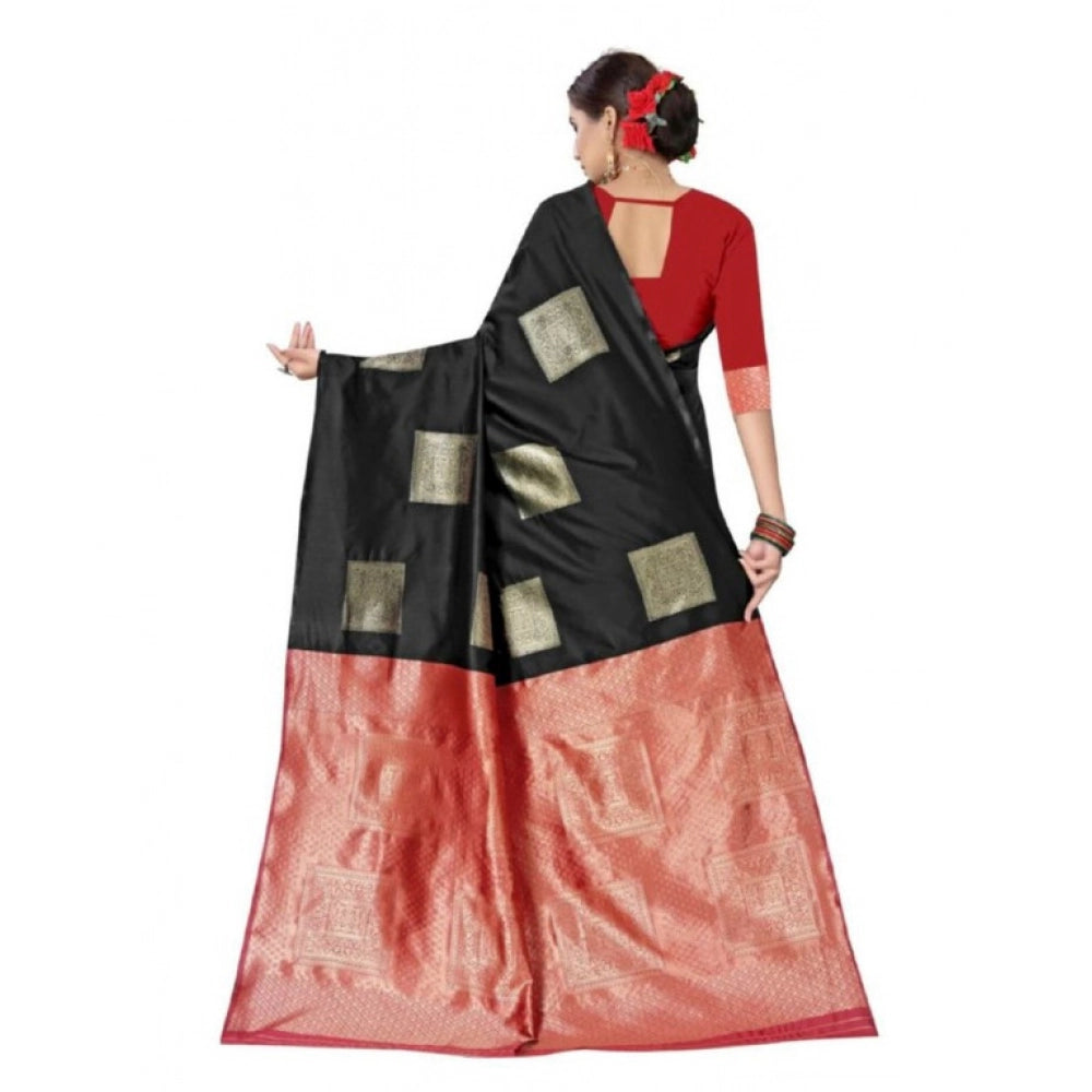 Women's Soft Lichi Silk Printed Saree With Unstitched Blouse 5.5Mtr (Black)