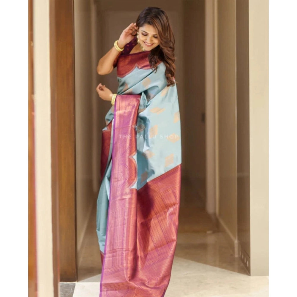 Women's Soft Lichi Silk Printed Saree With Unstitched Blouse 5.5Mtr (Light-Blue)
