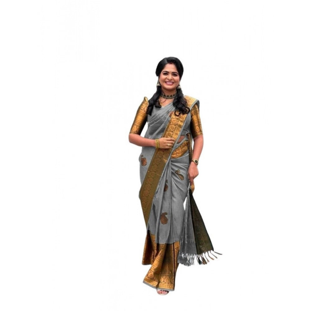 Women's Soft Lichi Silk Printed Saree With Unstitched Blouse 5.5Mtr (Grey)