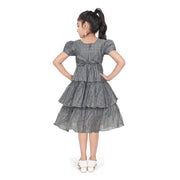 Girl's Artificial Silk Striped Short Sleeve V Neck Dress (Grey)