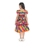 Girl's Taffeta Silk Striped Short Sleeve V Neck Dress (Multicolor)