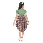 Girl's Twill Printed Short Sleeve Round Neck Dress (Green)