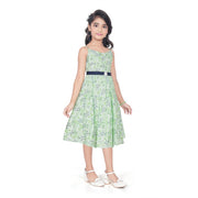 Girl's Cotton Slub Printed Sleeve Less Round Neck Dress (Sea Green)