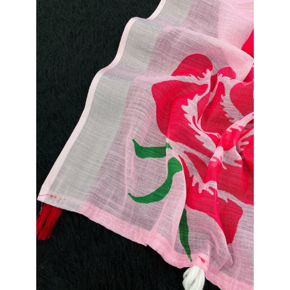 Women's Linen Cotton  Printed Saree With Unstitched Blouse 5.5Mtr (Pink)