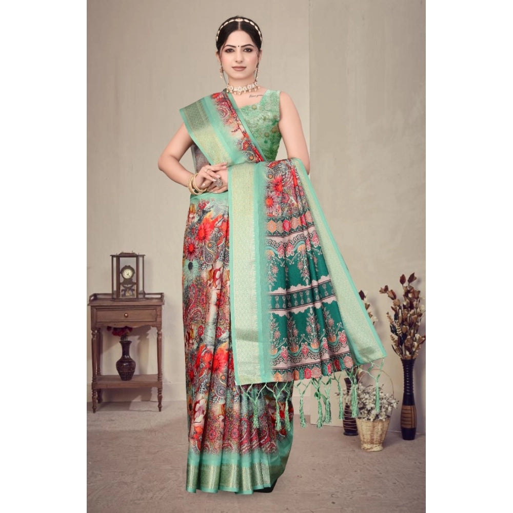 Women's Cotton Silk  Printed Saree With Unstitched Blouse 5.5Mtr (Light Green)