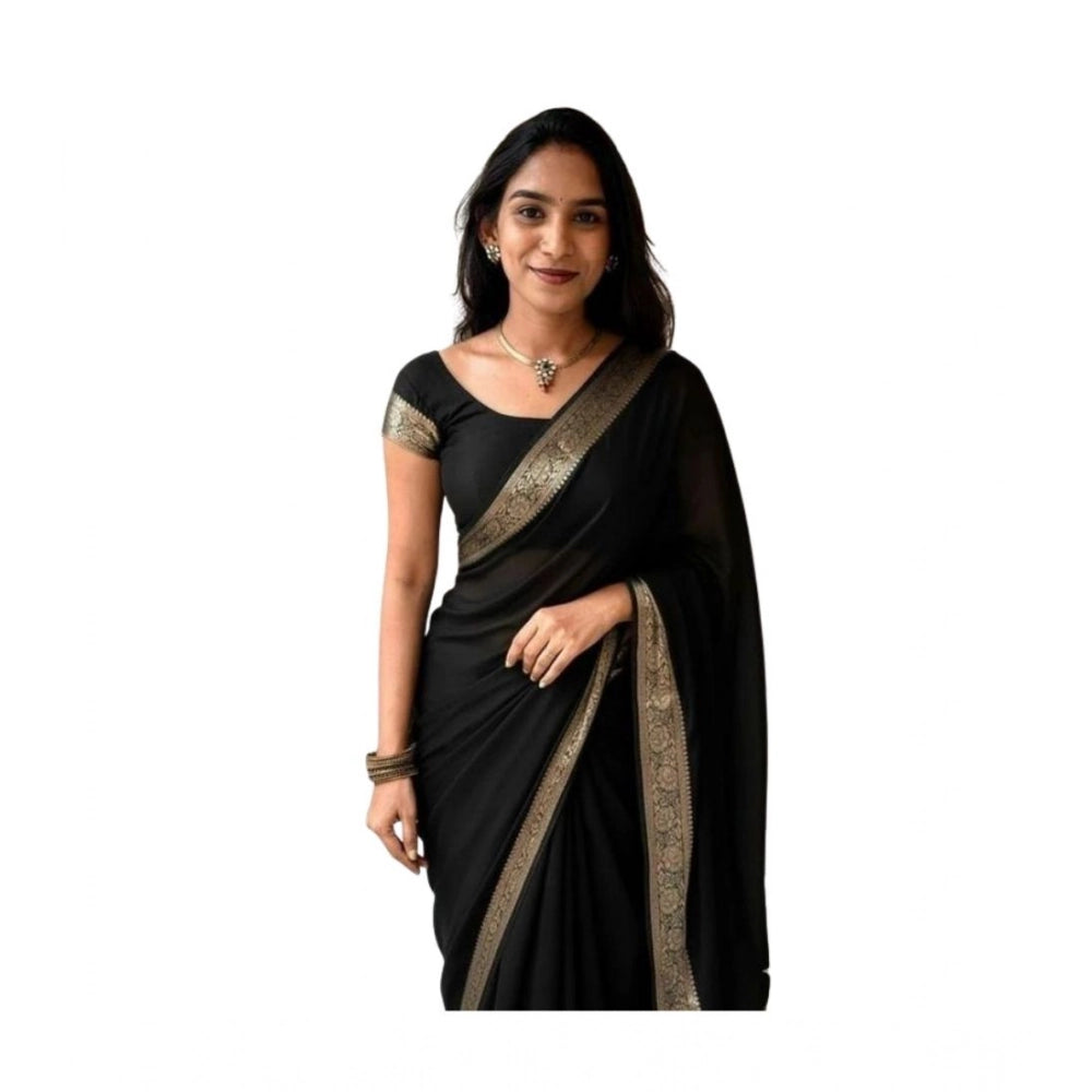 Women's Vichitra Silk Printed Saree With Unstitched Blouse 5.5Mtr (Black)