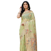 Women's Linen Cotton Printed Saree With Unstitched Blouse 5.5Mtr (Light Green)