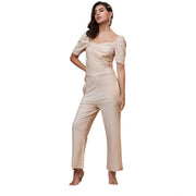 Women's Polyester Shimmer Self Design Short Sleeve Jumpsuit (Gold)