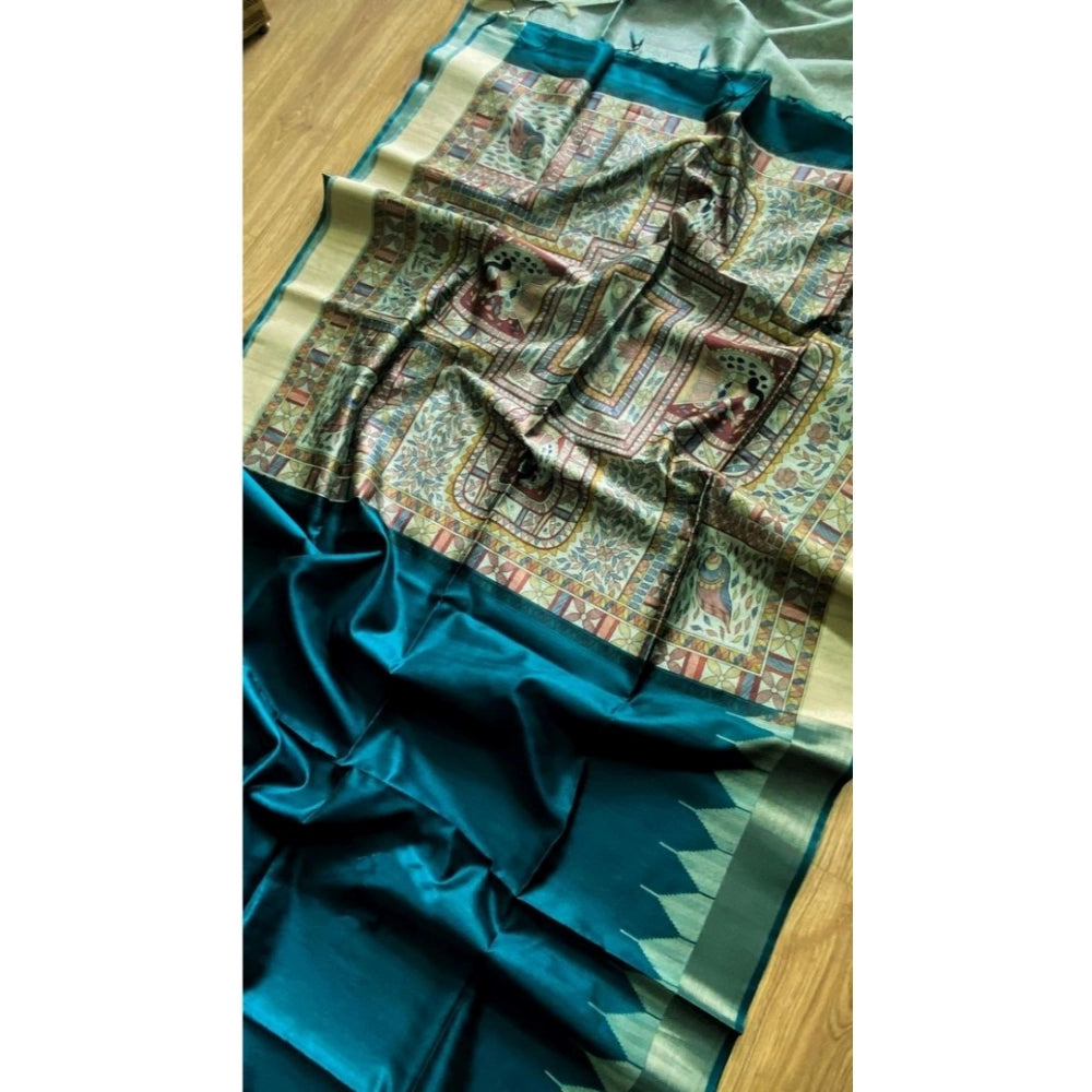 Women's Tussar Silk Madhubani Saree With Unstitched Blouse 5.5Mtr (Rama)