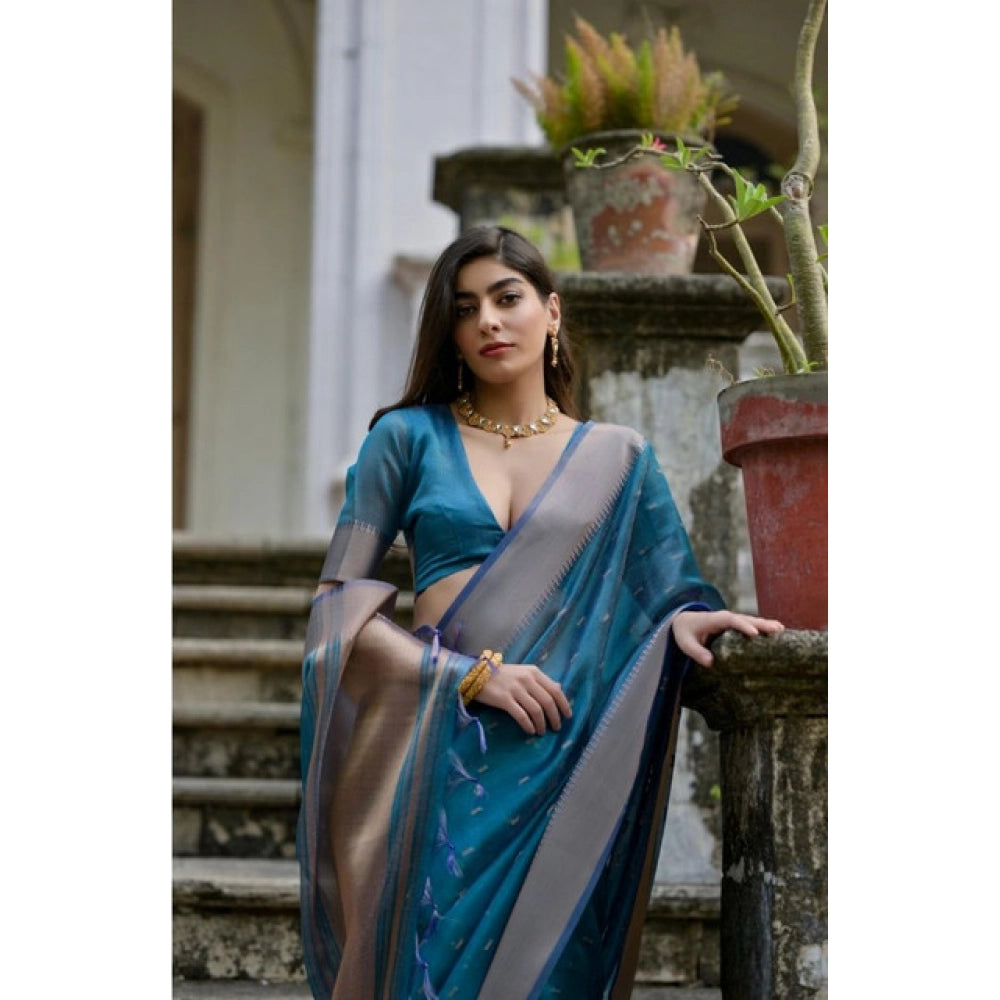 Women's Silk_Blend Butti Pattern Saree With Unstitched Blouse 5.5Mtr (Teal)