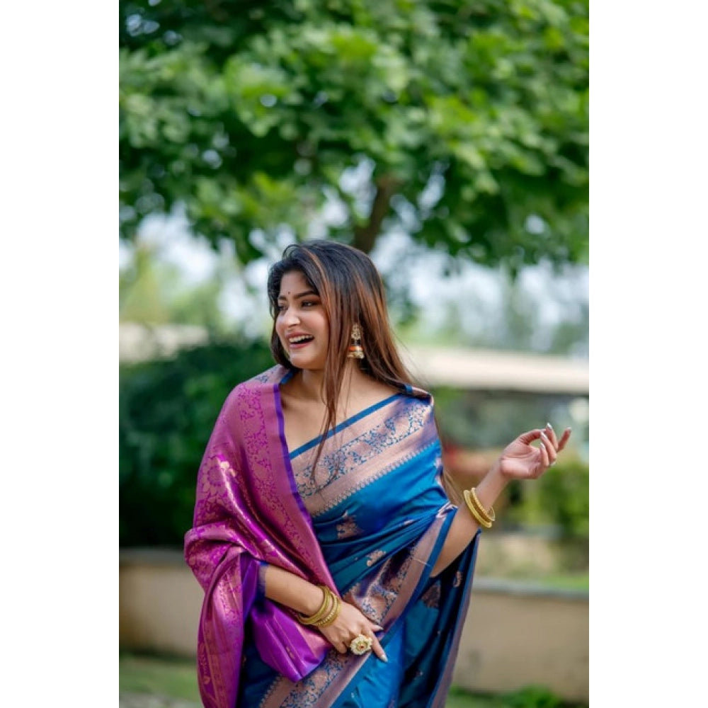 Women's Katan_Silk Zari_Weaving Saree With Unstitched Blouse 5.5Mtr (Blue)