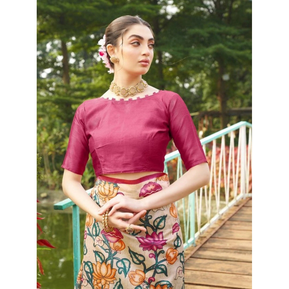 Women's Faux_Tussar Kalamkari_Print Saree With Unstitched Blouse 5.5Mtr (Pink)