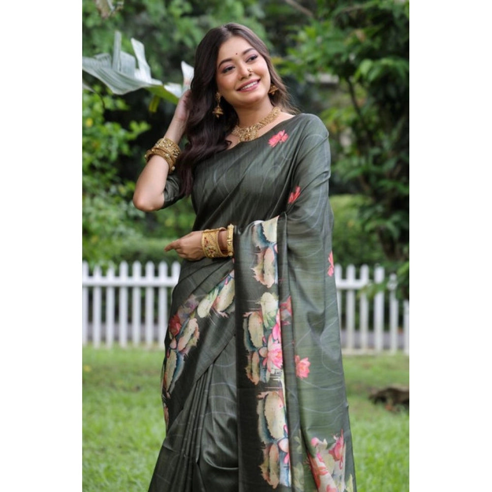 Women's Faux_Tussar Floral Saree With Unstitched Blouse 5.5Mtr (Olive)