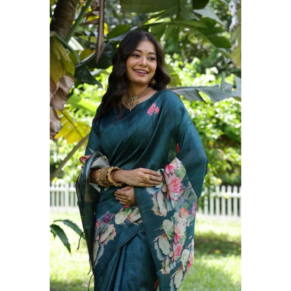 Women's Faux_Tussar Floral Saree With Unstitched Blouse 5.5Mtr (Teal)
