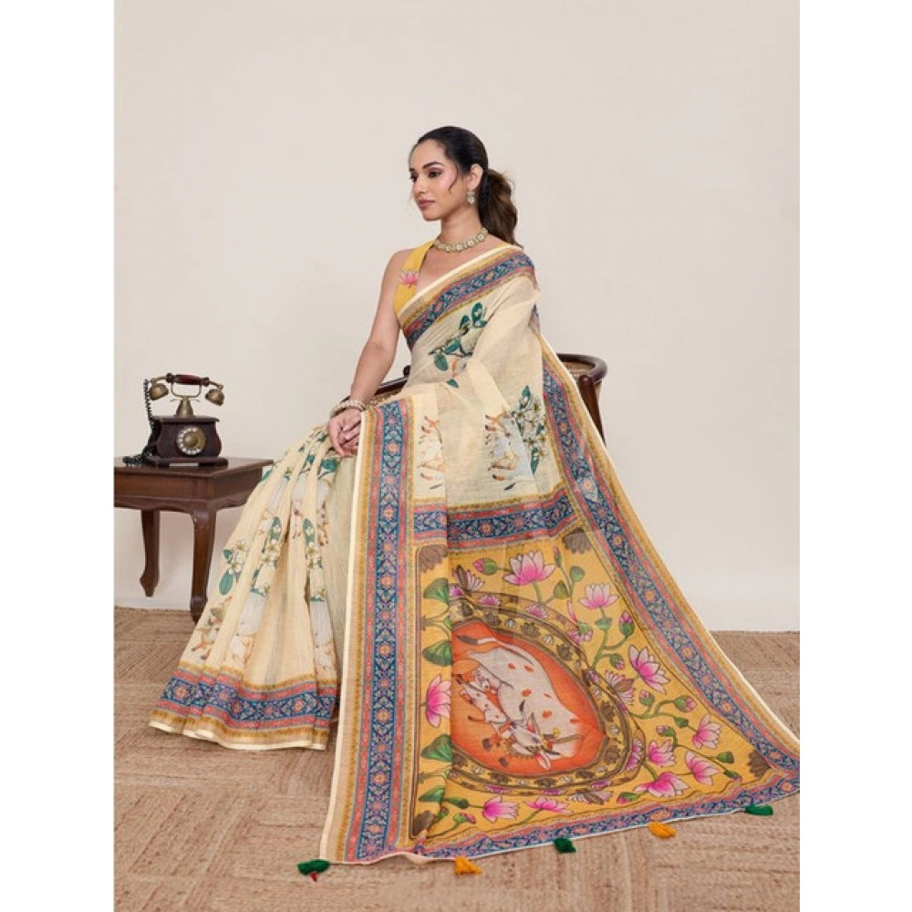 Women's Linen Floral Printed Saree With Unstitched Blouse 5.5Mtr (Beige)