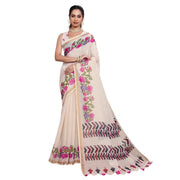 Women's Linen Floral Printed Saree With Unstitched Blouse 5.5Mtr (Cream)