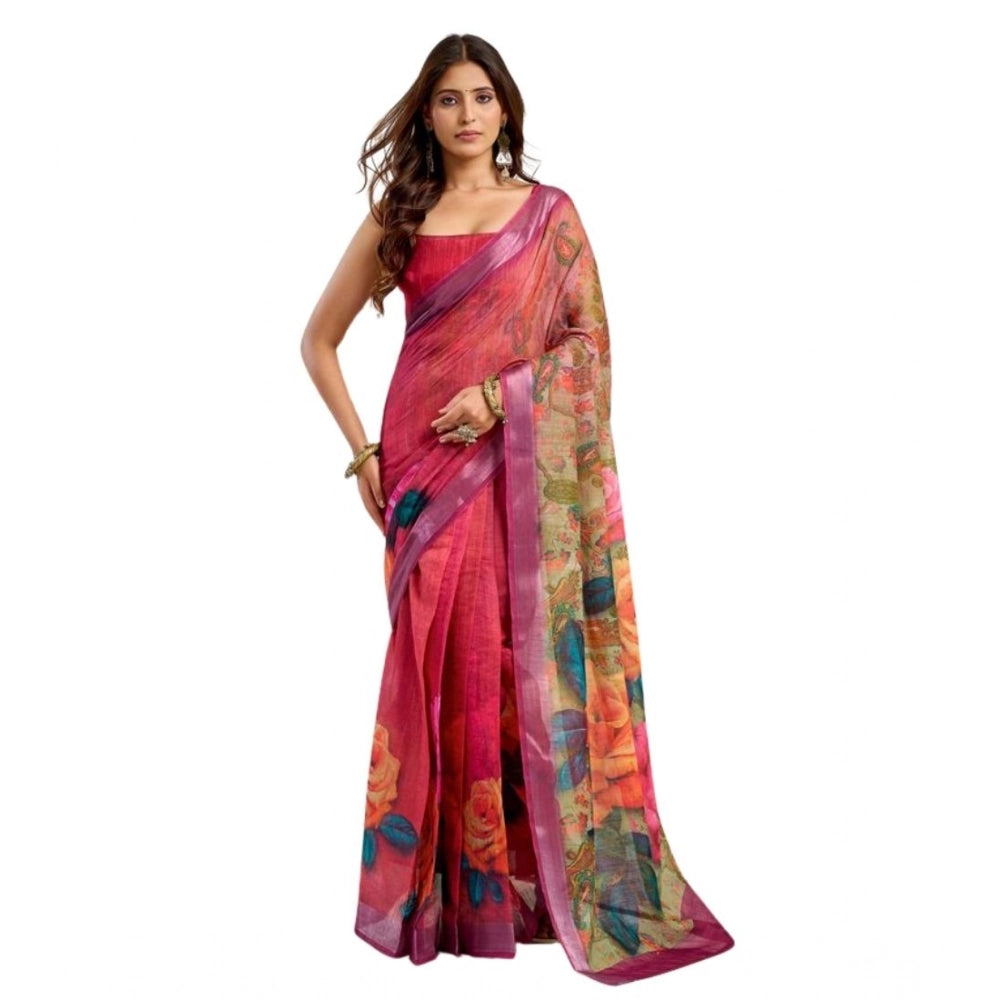 Women's Faux Linen Floral Print Ready to wear Saree With Unstitched Blouse 5.5Mtr (Pink)